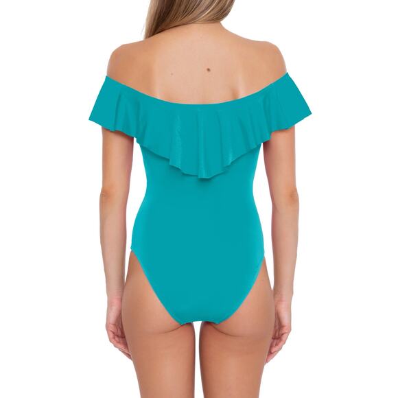Trina Turk Monaco Off the Shoulder Ruffle One-Piece Swimsuit - Size 8 - Picture 2 of 4